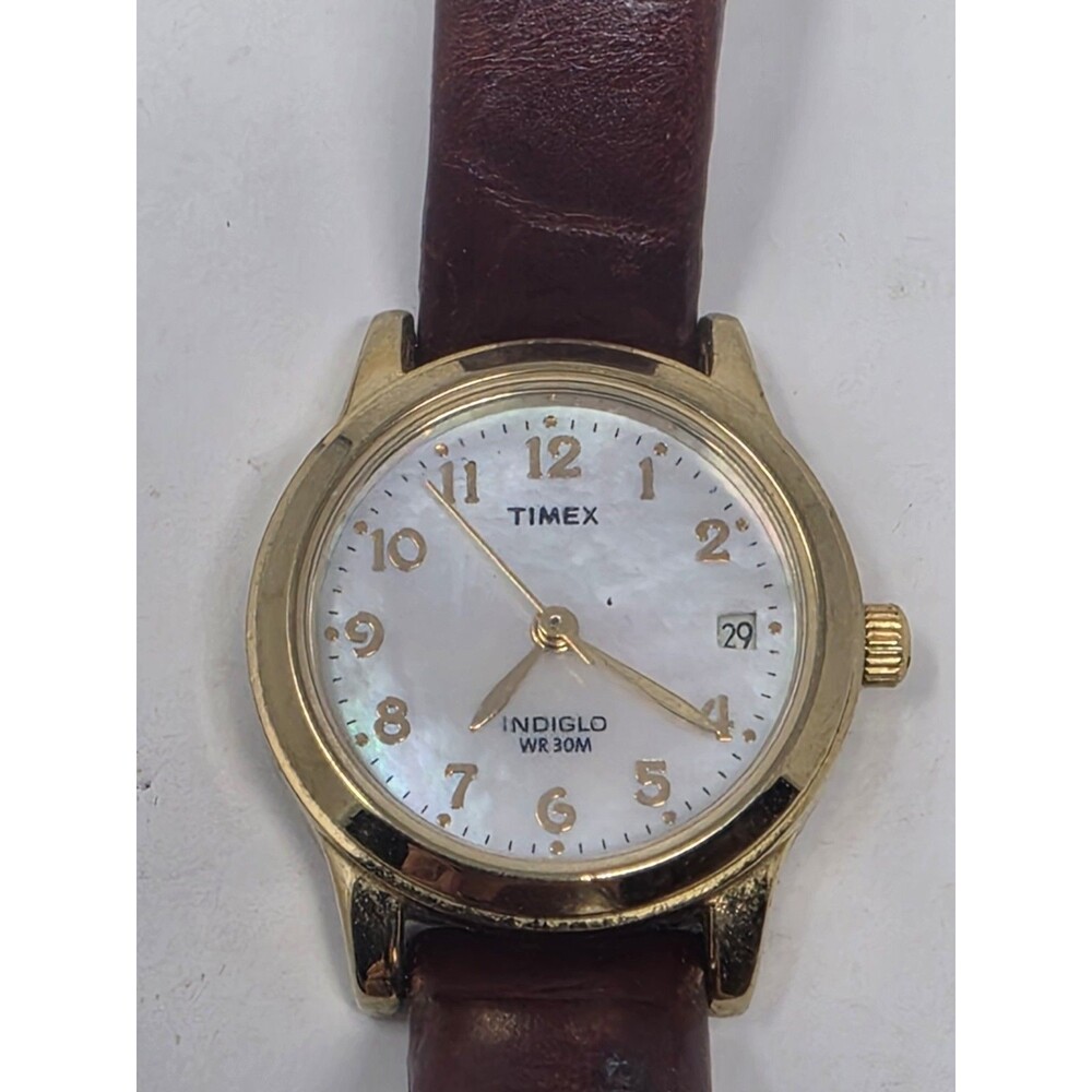 Timex Indiglo Watch Womens Dress Mother of Pearl Analog Round Gold Tone Burgundy